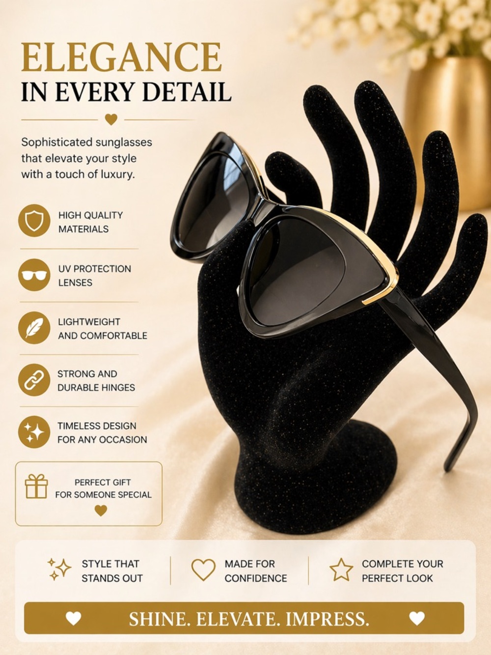 Elegant Black Cat-Eye Sunglasses with Gold Trim - Women Accessories